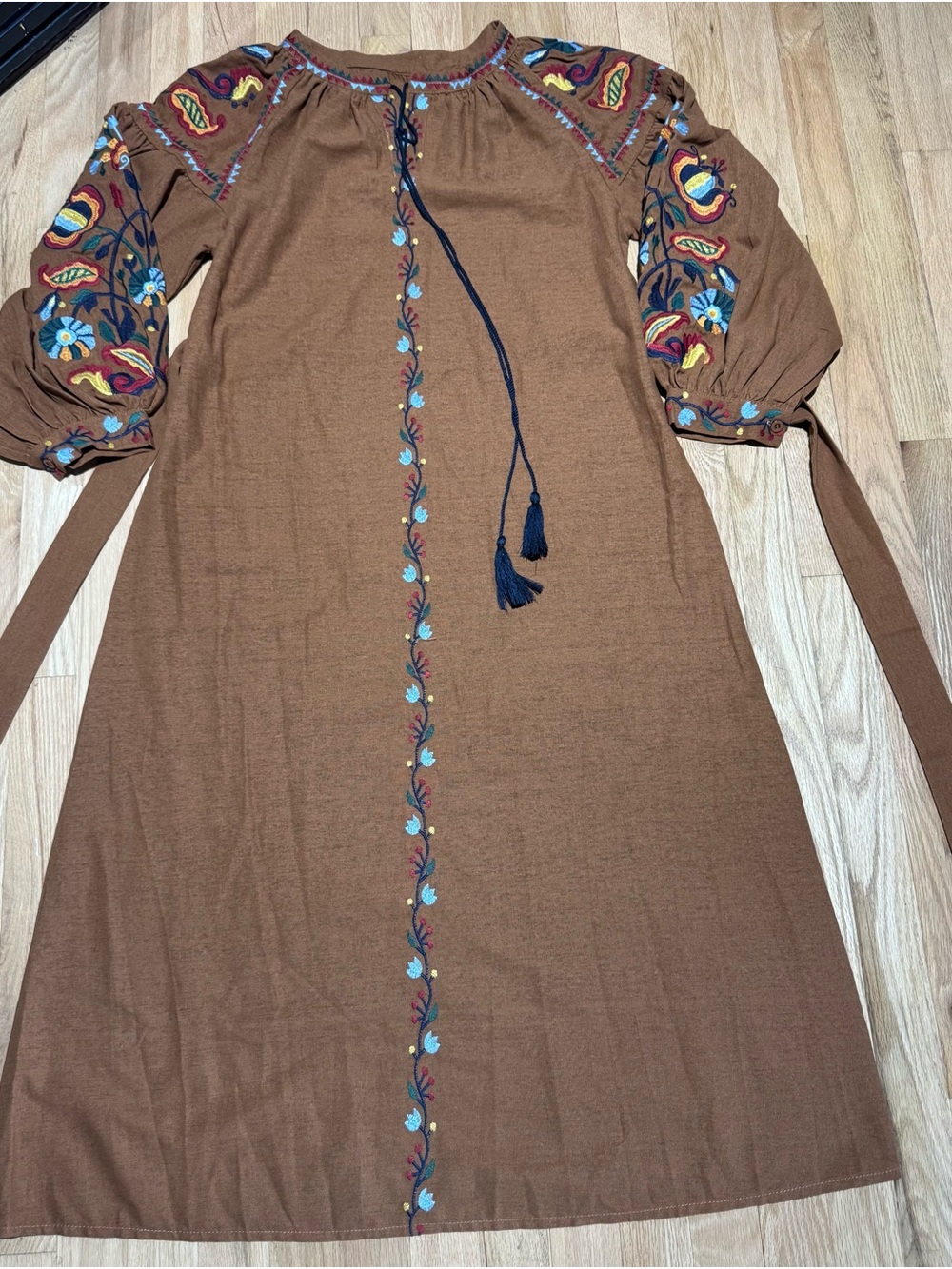 Embroidered Brown Boho Midi Dress with Tassel Tie size S/M